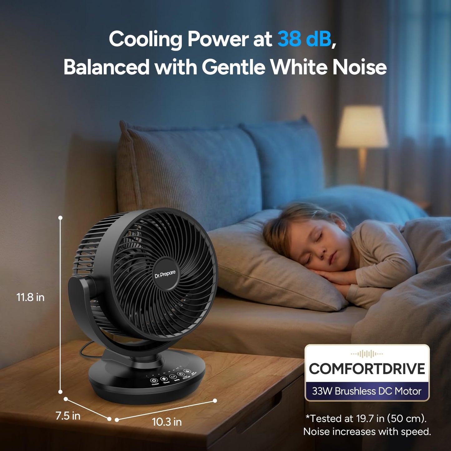 DR.PREPARE Oscillating Air Circulator Fan for Bedroom with Remote, 900 CFM, 11.8" Powerful Table Fan, 70° Oscillation, 100° Tilt, 3 Speeds, Efficient