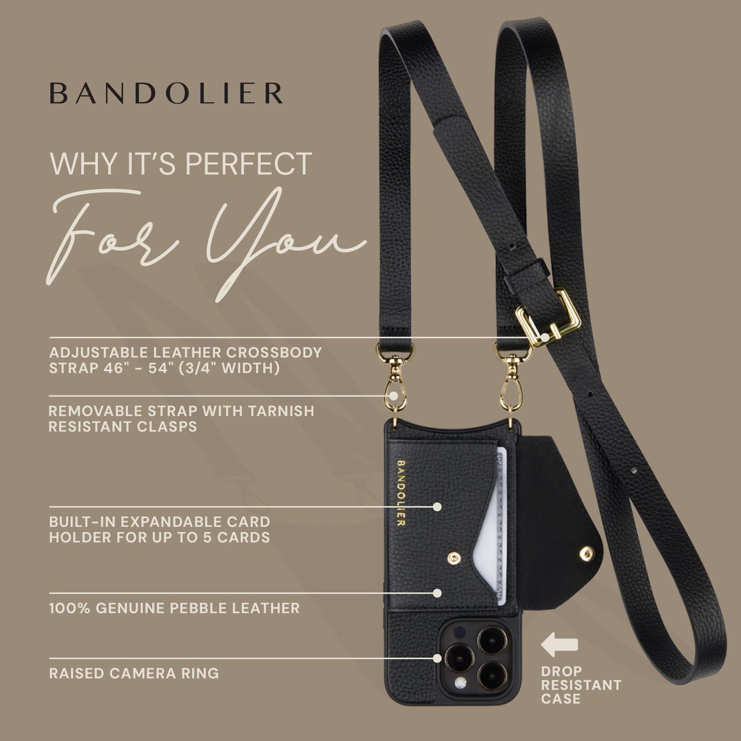 Bandolier Hailey Crossbody Wallet Phone Case for iPhone 14 Pro. 100% Genuine Pebble Leather with Silver Hardware. Adjustable & Removable Strap