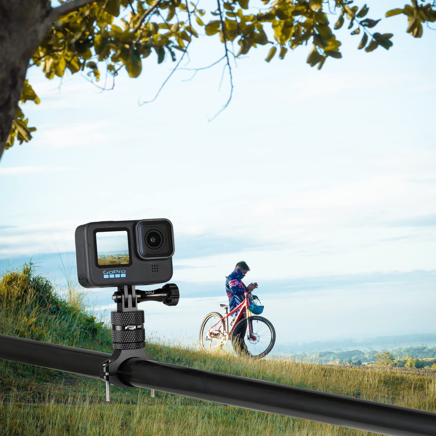 HSU Aluminum Bike Bicycle Handlebar Mount for GoPro Hero 13/12/11/10/9/8/7/6/5/4 Session AKASO Campark and Other Action Cameras, 360 Degrees Rotary