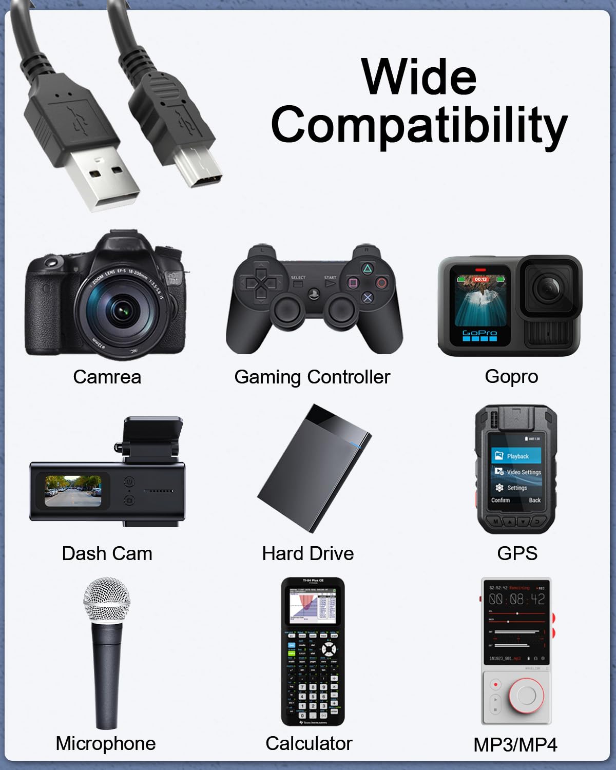 Bicmice Mini USB Cable Compatible with Canon Nikon Camrea,PS3 Controller,Gopro,Dash Cam,Hard Drive,Garmin GPS,Microphone,Texas Instruments