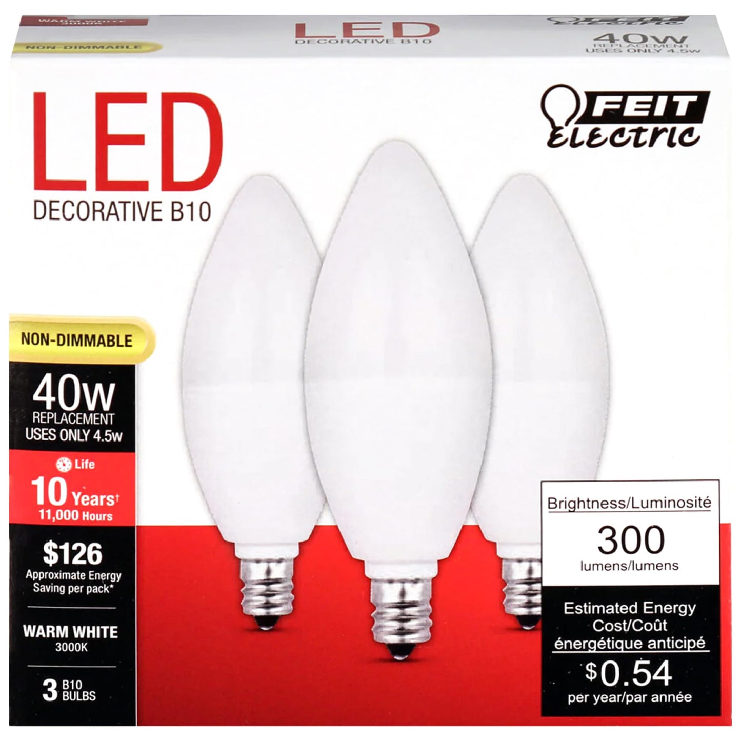 Feit Electric CTF40/10KLED/3 Non-Dimmable Led Bulb, 40 W, 120 Vac, 300 Lumens, 3000 K, CRI >80, 4 in L, 3.9" H x 1.4" D, Warm White, 3 Piece