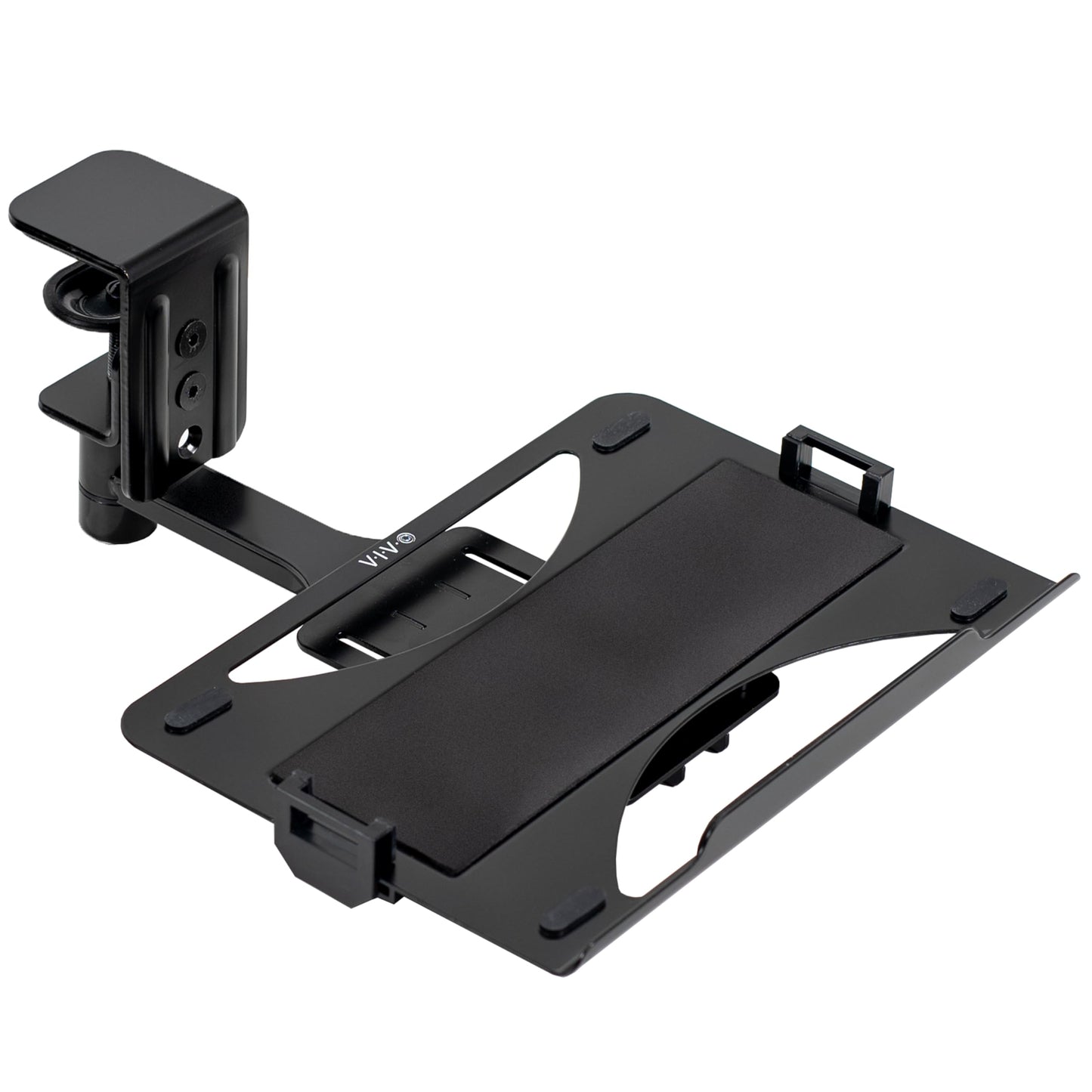 VIVO Clamp-on 12 x 9 inch Rotating Laptop Tray, Extra Sturdy Single Desk Swivel Clamp, Ergonomic Typing, Black, MOUNT-LAP1CB