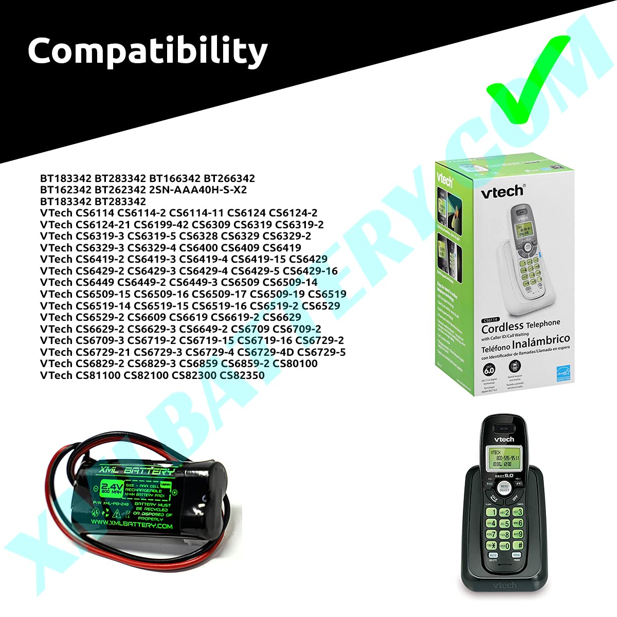 XML Battery (4 Pack) 2.4v 800mAh Ni-MH Cordless Phone EL52300 CL80112 CS6719-2 BT162342 BT262342 CS6409 BL102-3 EL52100 EL50003