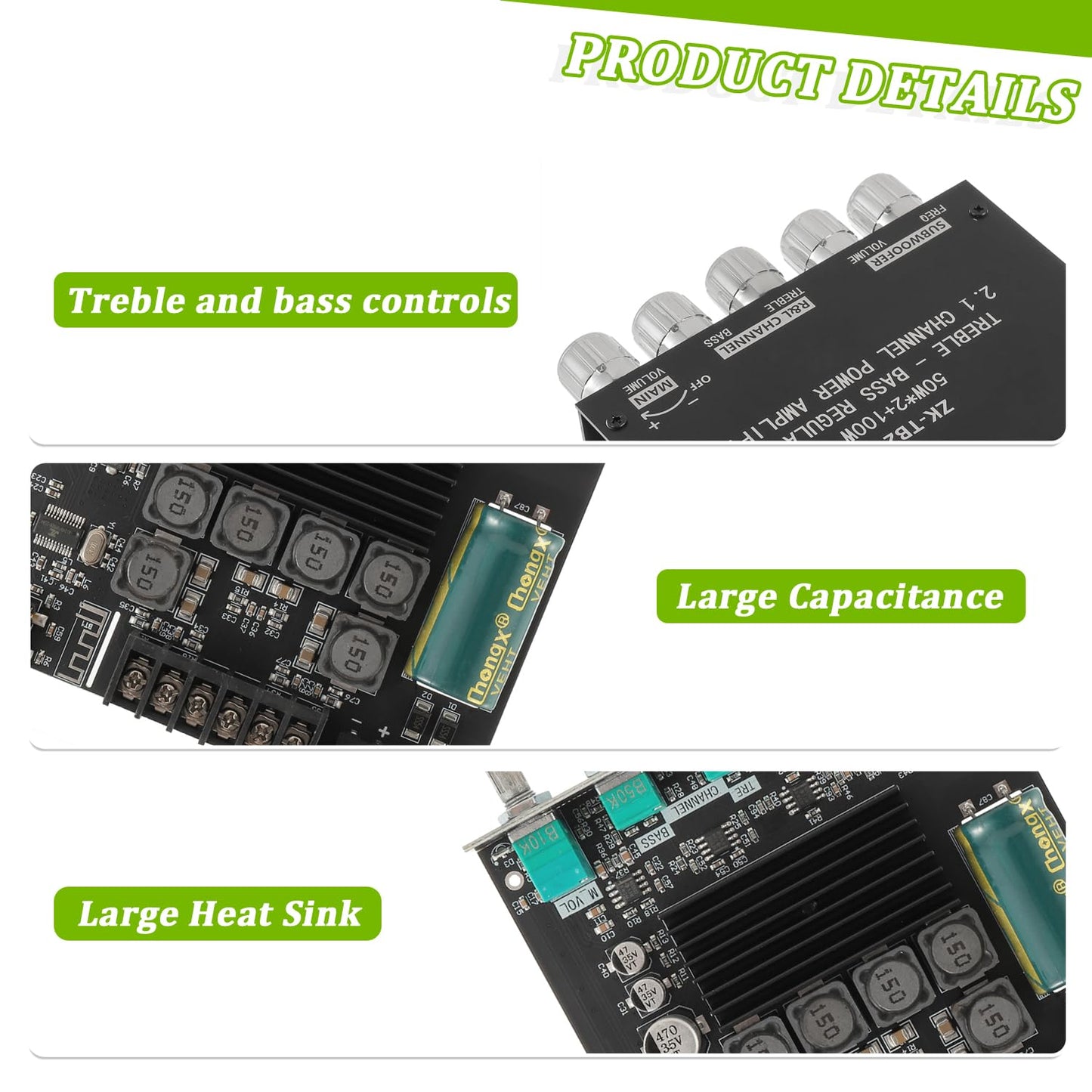 EPLZON 50W*2+100W Bluetooth Amplifier Board with Treble and Bass Control TPA3116D2 Chips DC 12-24V BT and AUX Inputs 2.1 Channel Stereo AMP Board