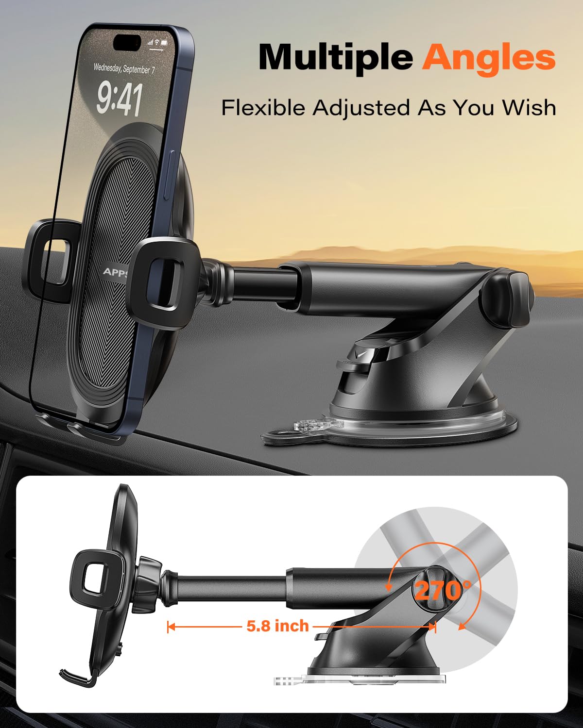 APPS2Car Car Phone Mount with Suction Cup, Universal Windshield Dashboard Holder with Sticky Gel Pad, Compatible with iPhone 17/16/15/14/13, Samsung