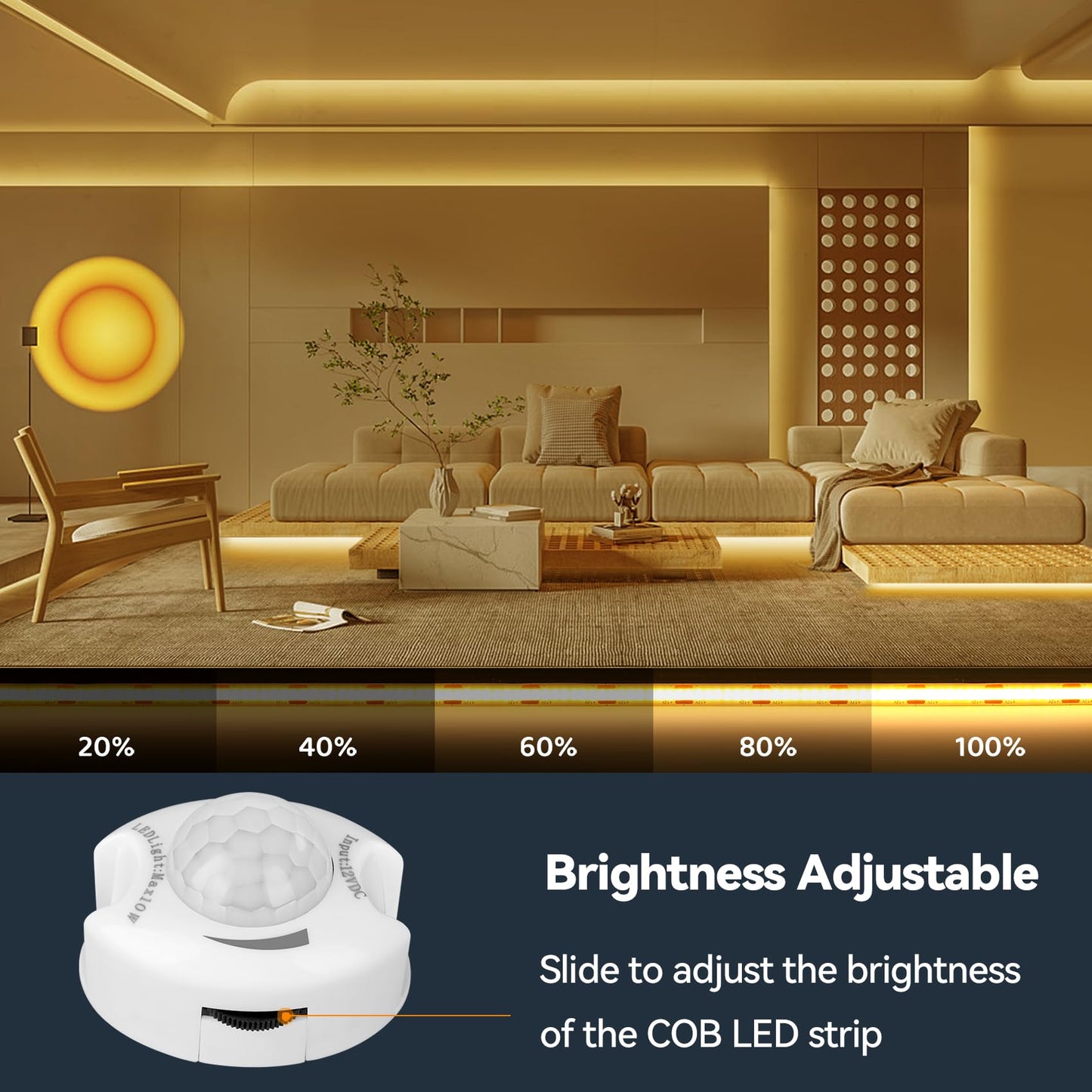 HOUHUI Under Bed Lights Motion Sensor COB LED Strip, 2 x 6.56Ft Warm White Motion Activated LED Light Strip for Bedside, 12V Dimmable Motion Sensor