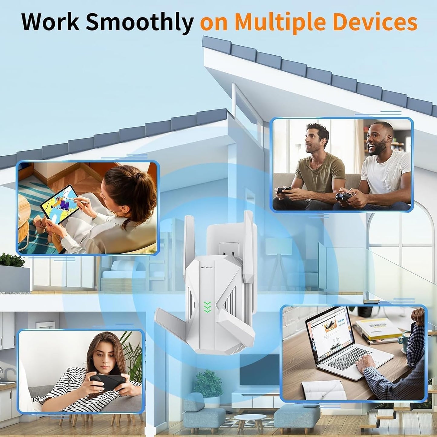 2100Mbps WiFi Extender -AC2100 WiFi Extender Signal Booster with Gigabit Ethernet Port, WiFi Booster Dual-Band(5.8G&2.4G) Coverage to 12888 sp.ft