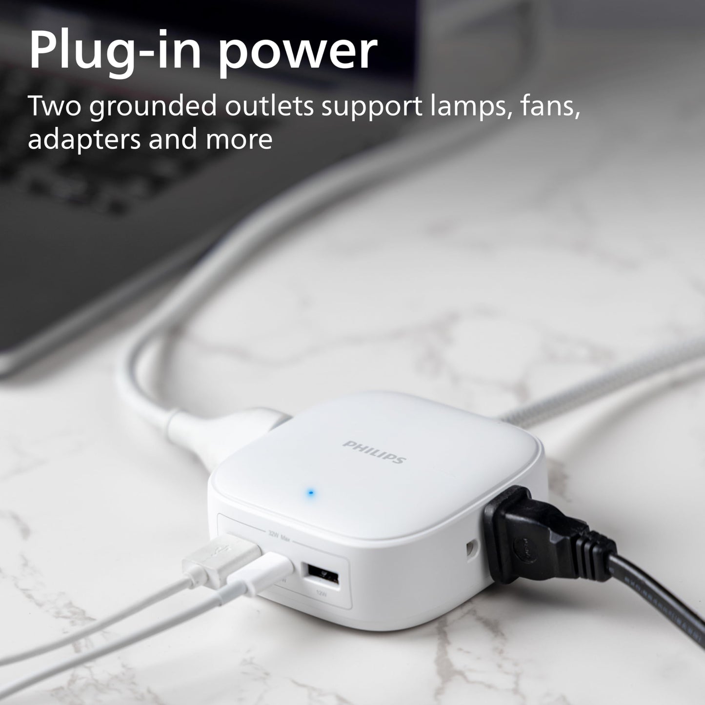 Philips 32W USB Extension Cord Power Strip Charging Station, USB-C, 2 Outlets, iPhone 17/Pro/Max, iPad, Samsung Galaxy, Headphones, Nintendo Switch