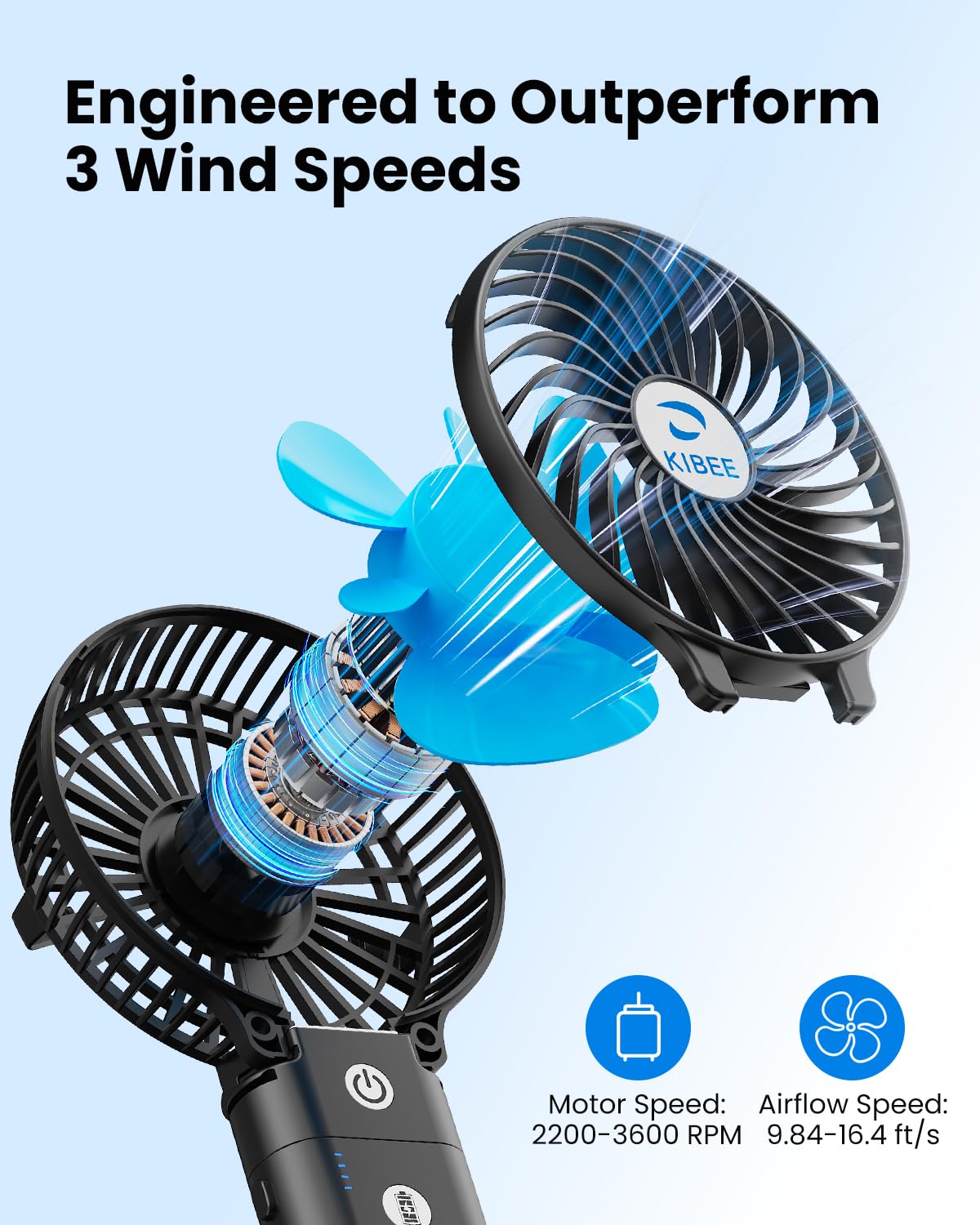 KIBEE Portable Handheld Fan, 5200mAh Rechargeable Fan with Power Bank, Up to 20H Runtime, 180° Foldable Mini Fan, 3-Speed Strong Airflow Personal Fan