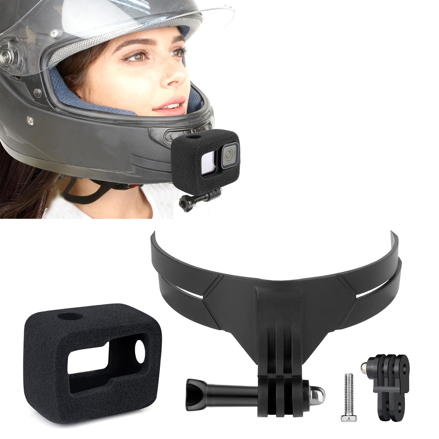 GEPULY Motorcycle Helmet Chin Mount for Action Cameras with Windslayer Foam Compatible with Gopro Hero 13 12 11 10 9 Black, Helmet Adhesive Kit Reduce