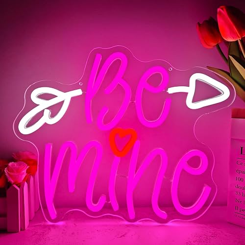 Valentine's Day Neon Sign Be mine Neon Sign for Wall Decoration Dimmable Pink LED Heart Shaped Neon Sign for Wedding Anniversary Bedroom Neon Wall