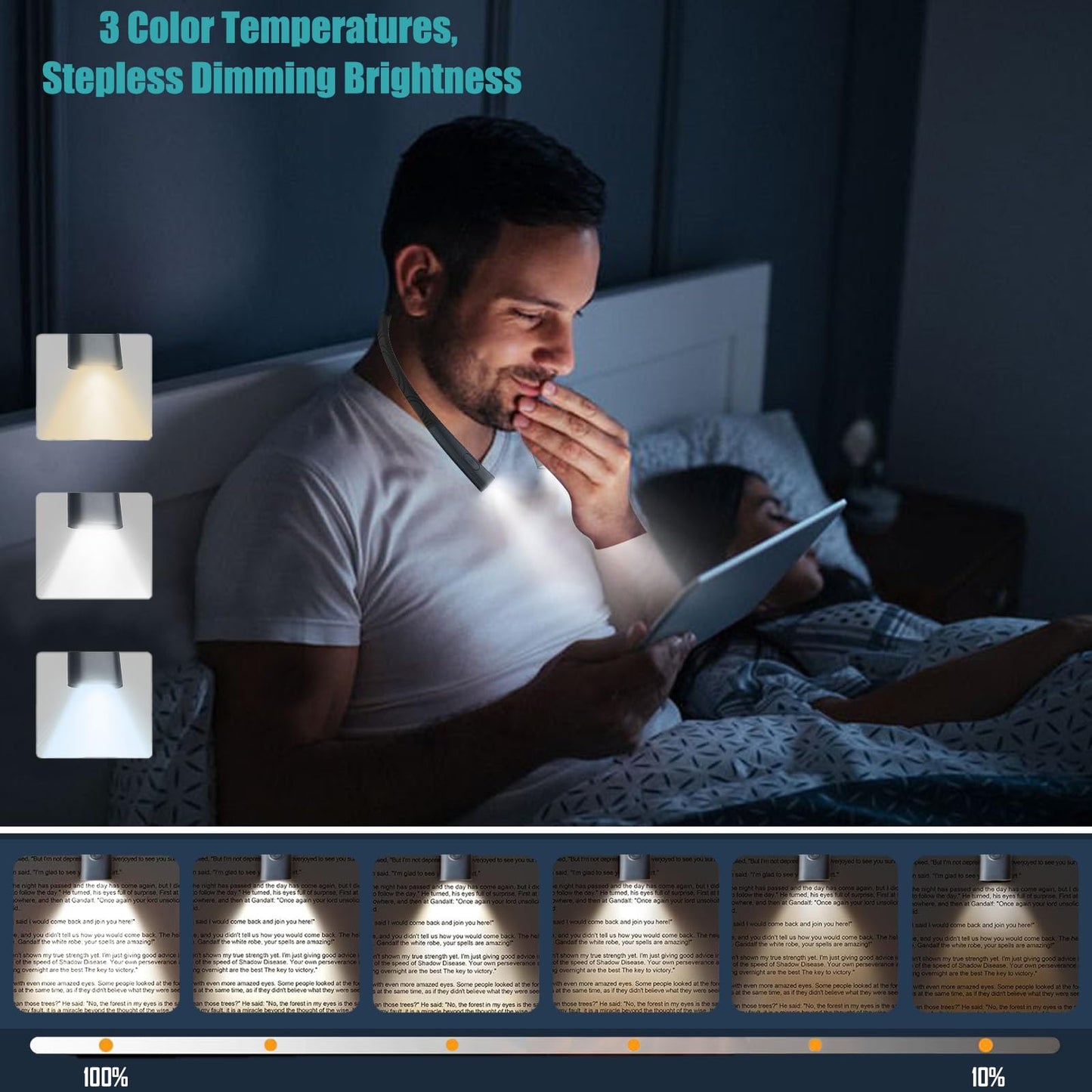 AIOLEKUP LED Neck Reading Light, Book Light for Reading in Bed, 3 Colors, Stepless Dimming Brightness, Bendable Arms, Hand Free Rechargeable, Perfect