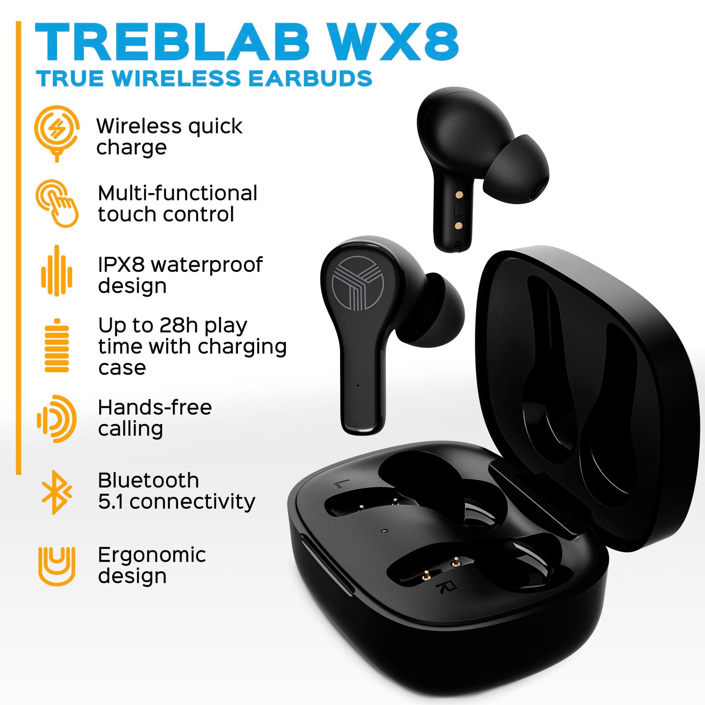 Treblab WX8 - True Wireless Earbuds with Pure Sound, Soft Silicone Ear Buds, IPX8 Waterproof, 28H Play, Wireless Charging, Noise Reduction Touch