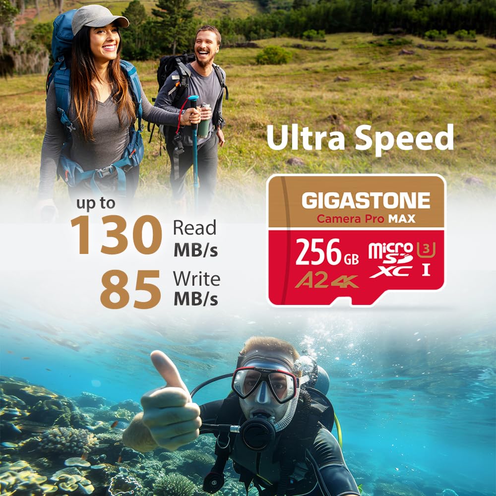 ?5-Years Data Recovery? GIGASTONE 256GB Micro SD Card with USB 3.2 Type C Card Reader, 4K Camera Pro MAX, Speed Up to 130MB/s Compatible with Gopro