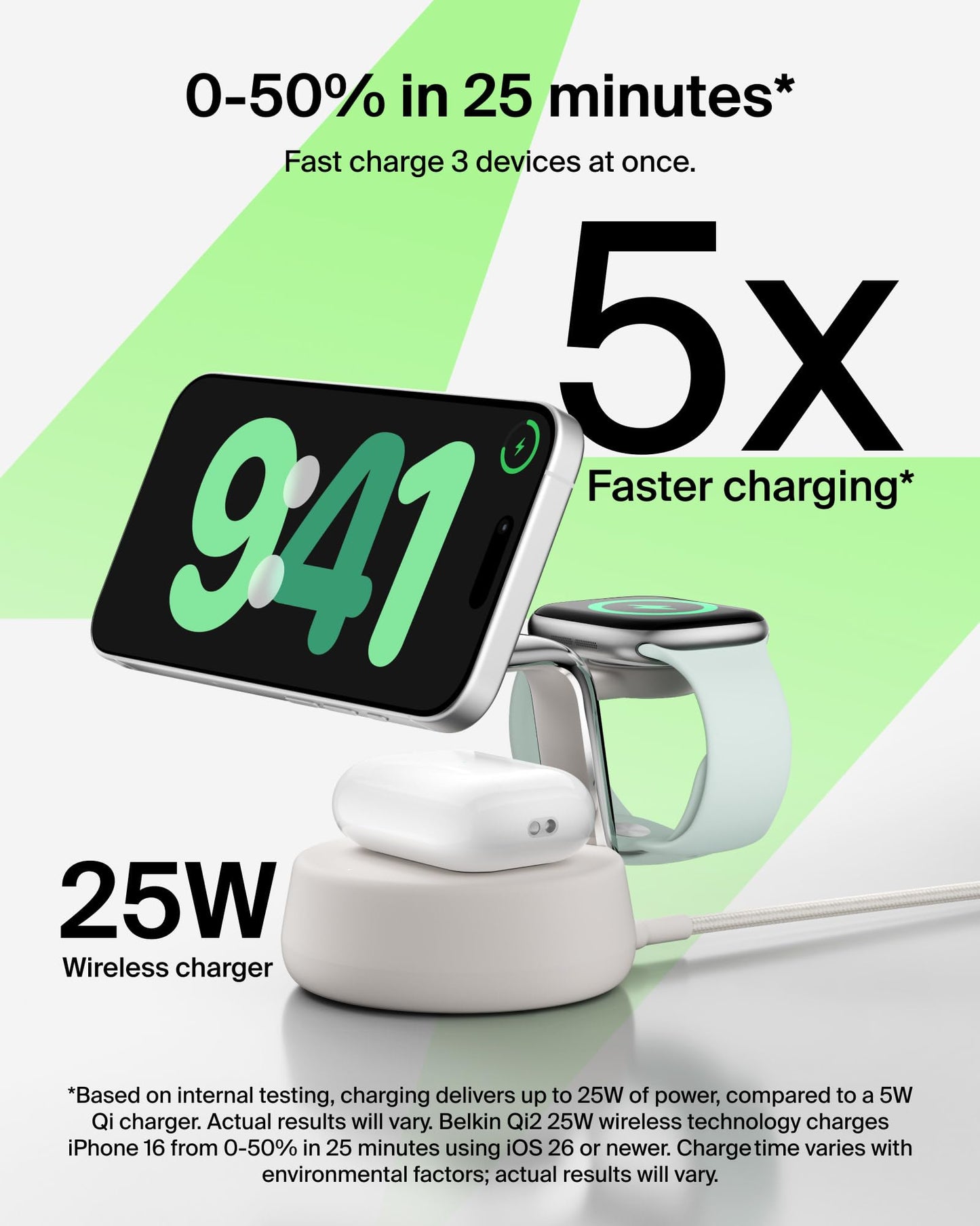 Belkin MagSafe Charger Compatible, 3-in-1 Charging Station, Qi2.2 25W w/Cooling Fan (On/Off Control) Magnetic Wireless Charger for iPhone 17, Apple