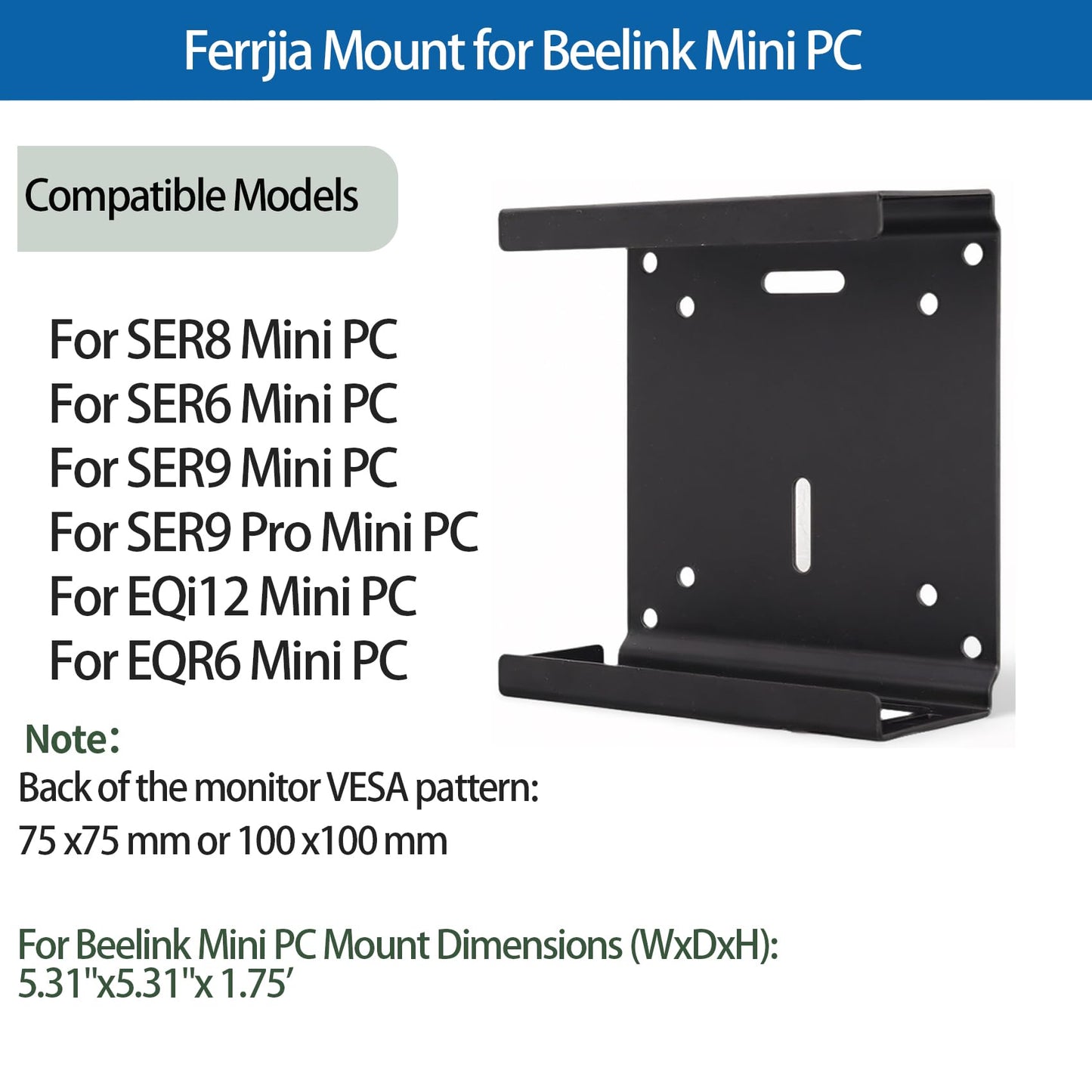 Metal Mini PC Mount Compatible with Beelink SER8, SER6, SER9, SER9 Pro, EQi12, EQR6, Beelink Mini PC Vesa Mount, Wall Mount Under Desk Mount, Only
