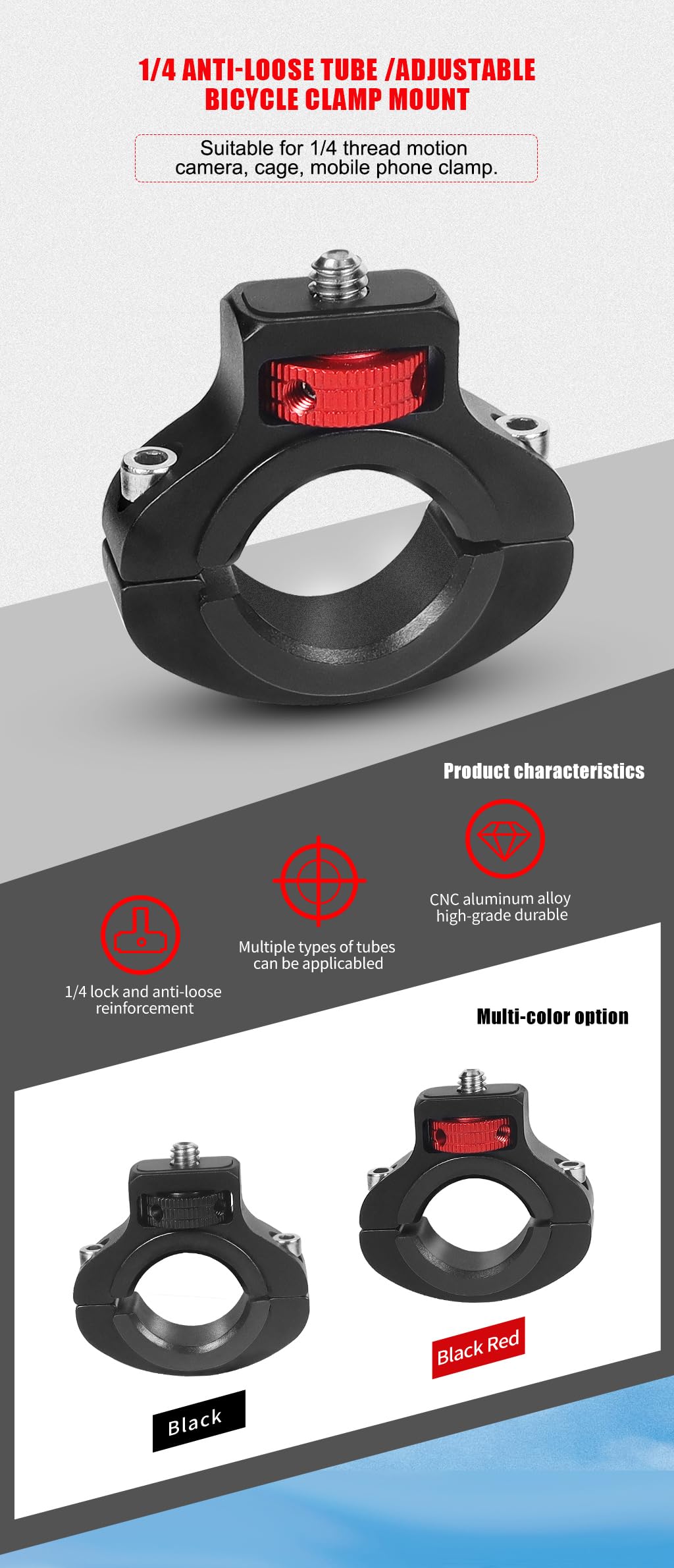 NovelGoal Motorcycle Handlebar Clip Holder 1/4 Screw Bicycle Bike Seatpost Clamp Compatible with Go-pro 11 ONE Action Camera Accessories (Black