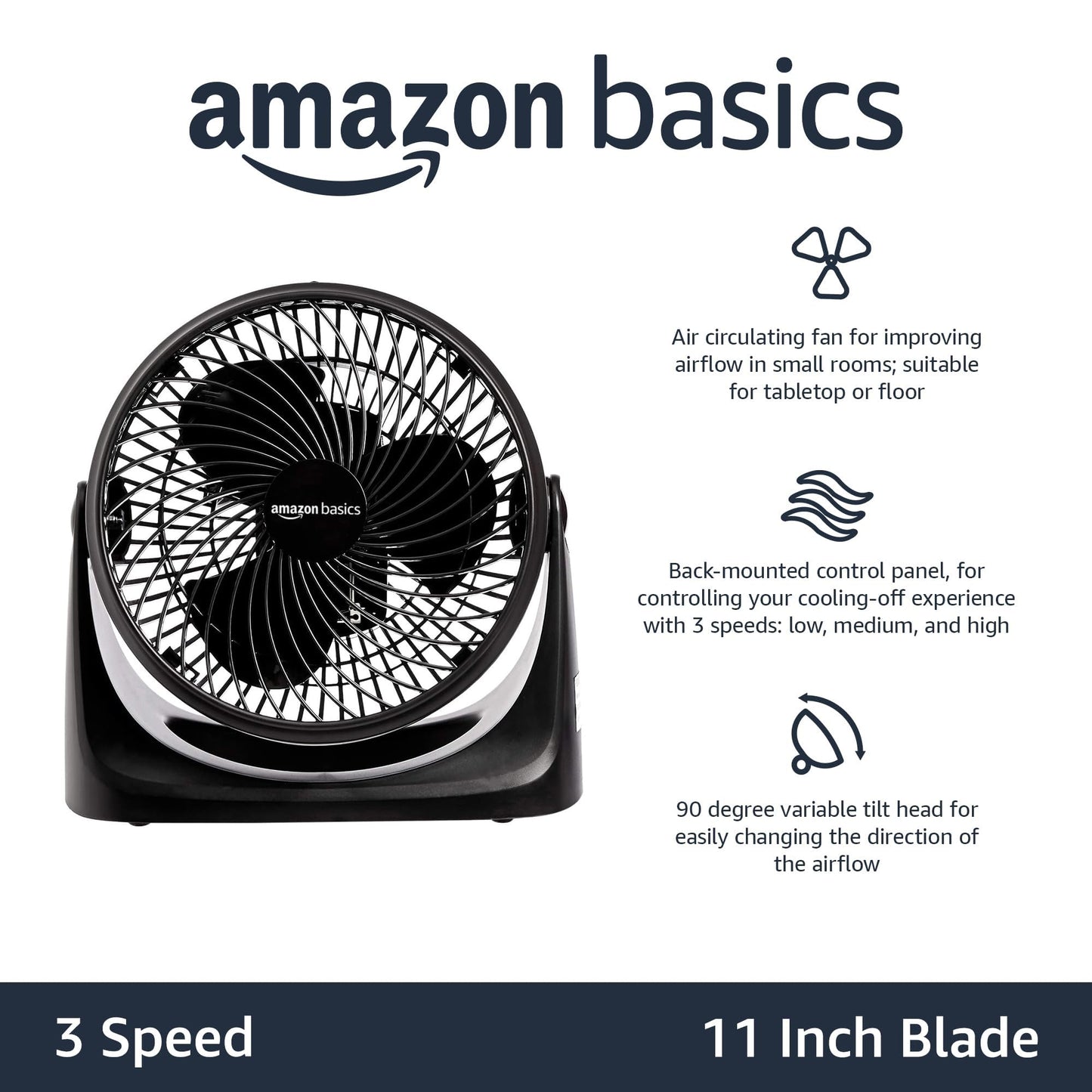 Amazon Basics Air Circulator Fan, Desk Fan for Bedroom, Home and Office, With 90-Degree Tilt Head, 3 Speed Settings, Lightweight (4.2 LBS), 70 Watts