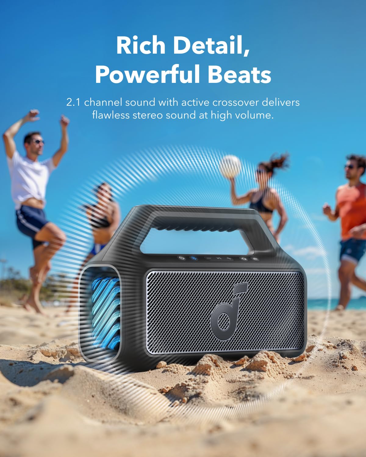 Soundcore Boom 2 By Anker, Outdoor Speaker, 80W, Subwoofer, BassUp 2.0, 24H Playtime, IPX7 Waterproof, Floatable, RGB Lights, USB-C, Custom EQ