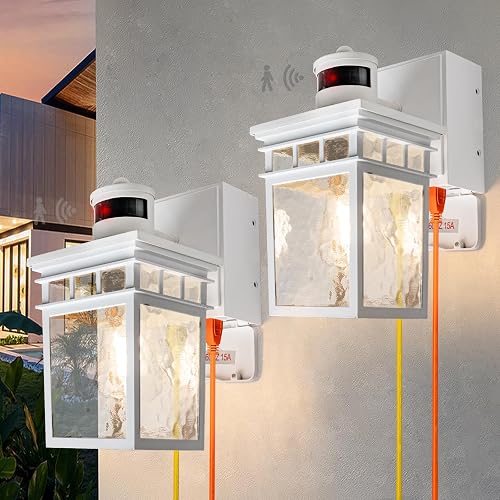 VIOAOEAFA 2 Pack Porch Light Outdoor with GFCI Outlet - 3 Lighting Modes Exterior Light Fixture, Dusk to Dawn Motion Sensor Wall Mount Outside Lights