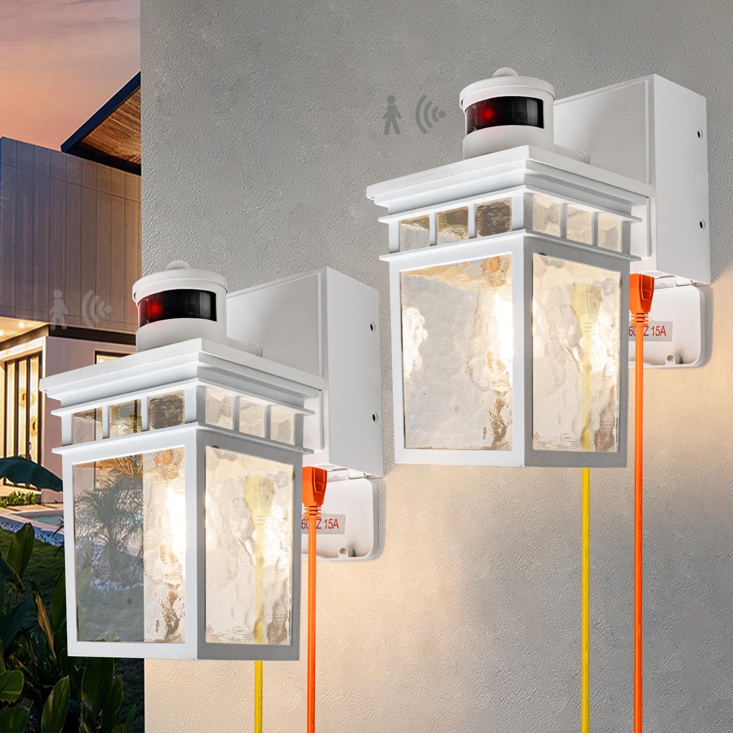 VIOAOEAFA 2 Pack Porch Light Outdoor with GFCI Outlet - 3 Lighting Modes Exterior Light Fixture, Dusk to Dawn Motion Sensor Wall Mount Outside Lights