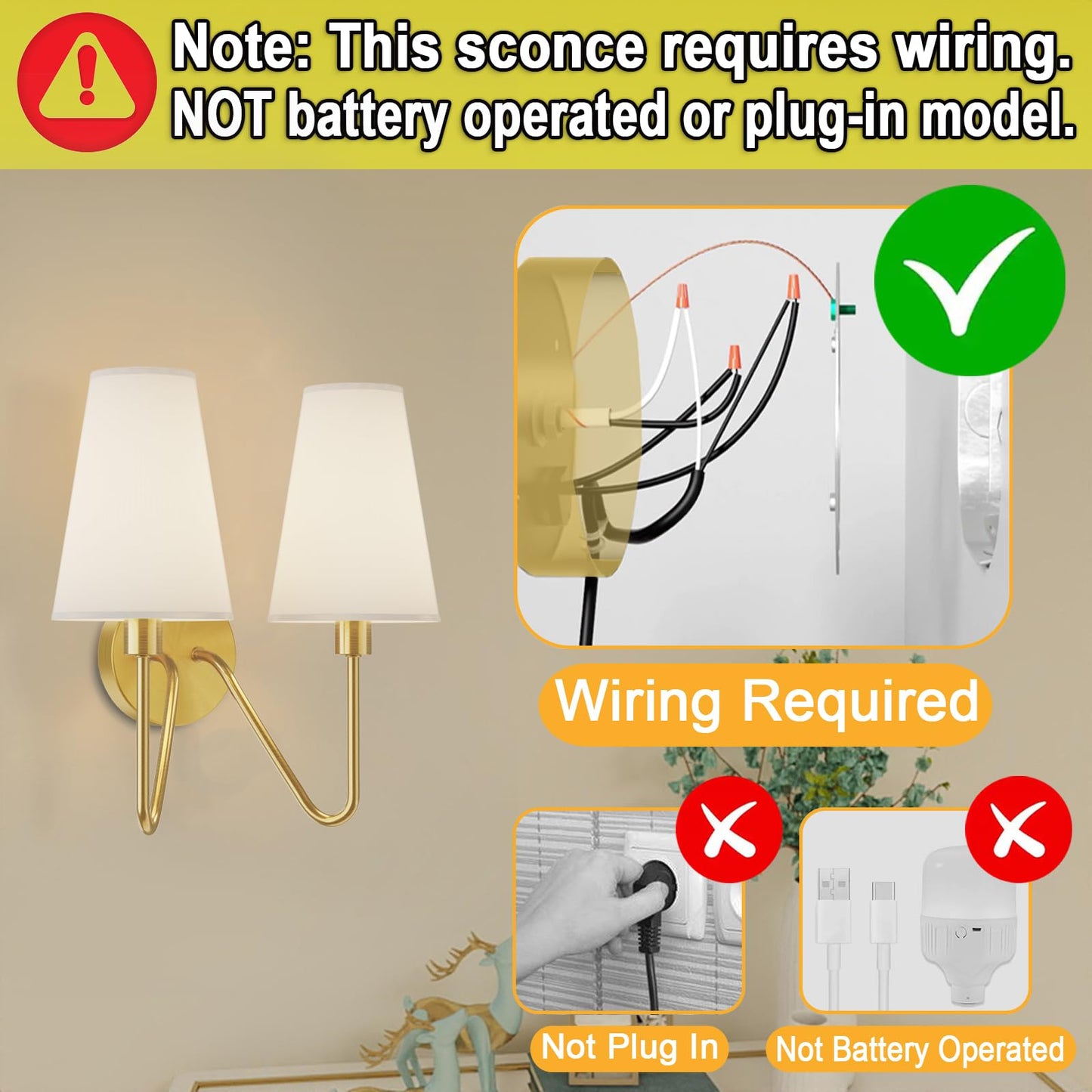 Electro bp;Double Head Classic 2 Lights Wall Sconces Lighting Fixture Polished Gold with Cream White Linen Fabric Lamp Shades E12 80W Hardwired;