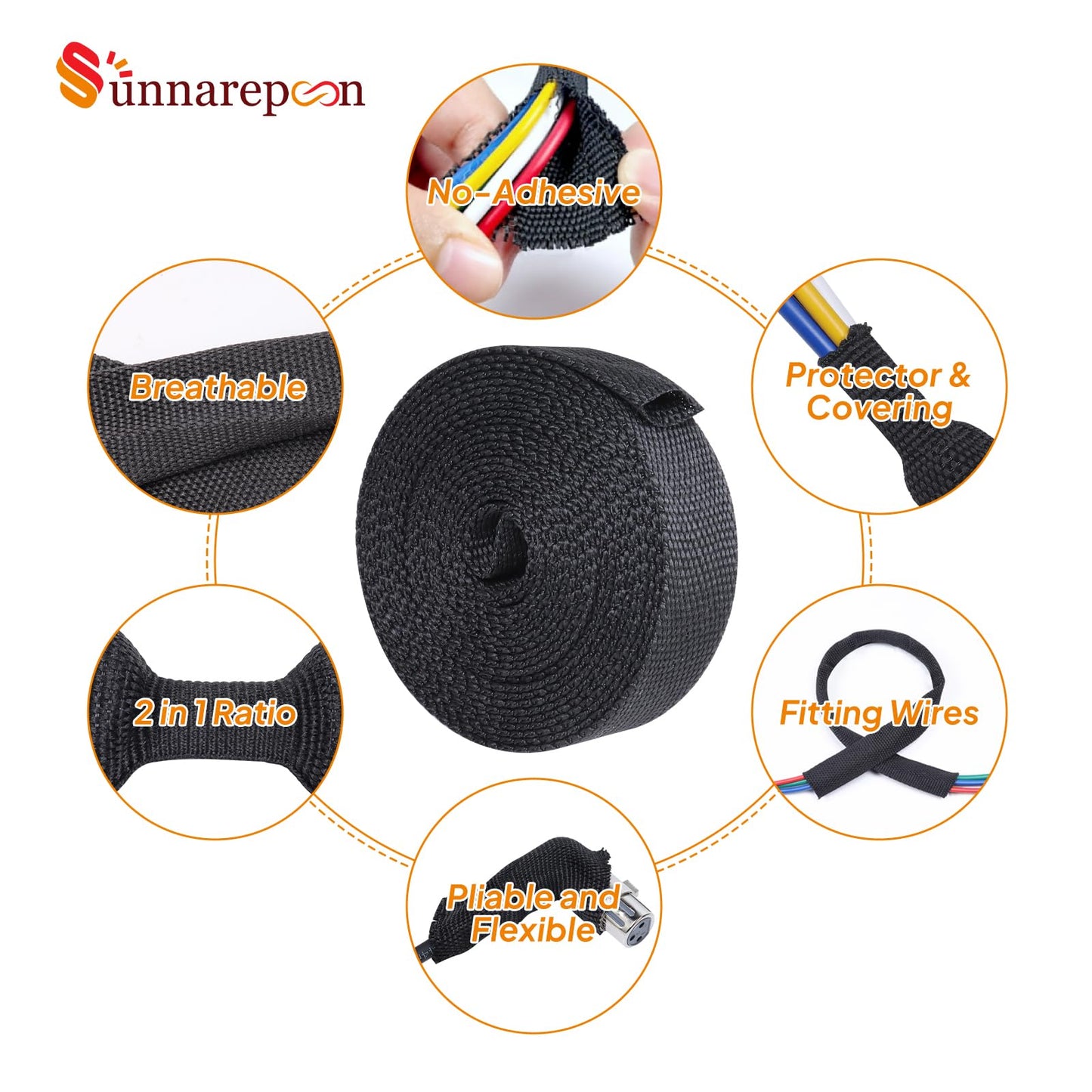 SUNNAREPOON Black Heat Shrink Tubing Car Wiring Cover, Tough and Durable Fabric Shrinkable Sleeve for Automotive Wires/Audio Video Cable/Multi-Cable