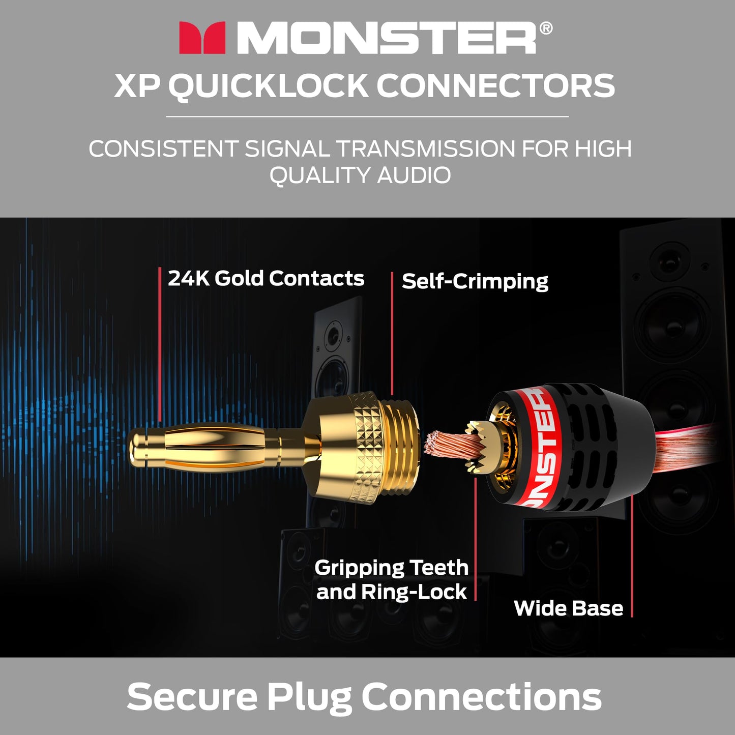 Monster XP QuickLock Banana Plugs for Speaker Wire, Self-Crimping Speaker Wire Connectors, 24K Gold-Plated Audio Connector Plugs, Color-Coded, 2 Pair