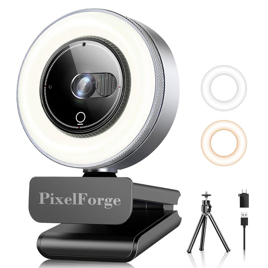 PixelForge 4K Webcam for PC with Microphone & Light & Privacy Cover