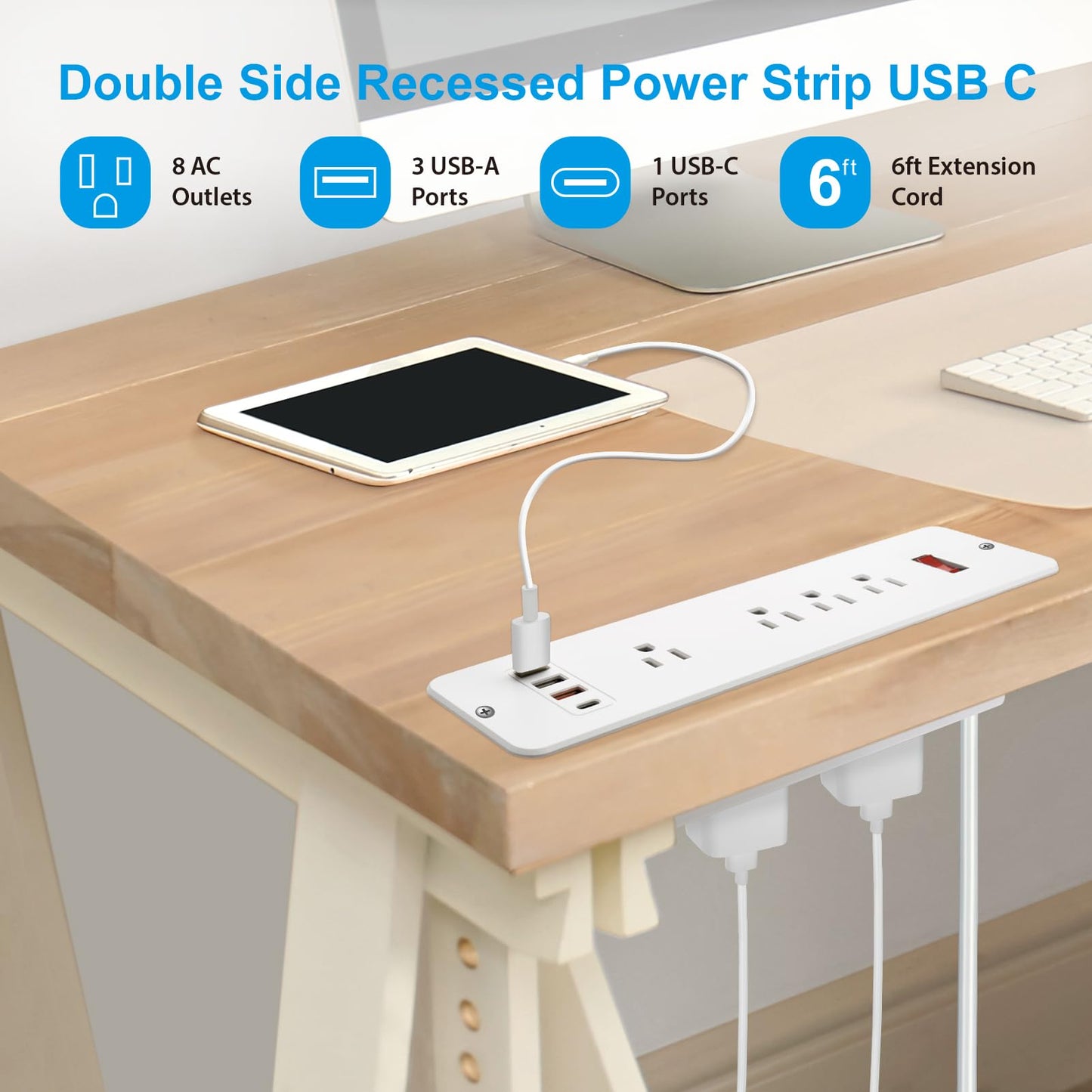Double Side USB C Recessed Power Strip,Countertop Plugs 8 Outlets 4 USB Ports, PD 20W Flush Mount Desk Plug Station Flat Plug Mountable Power Socket