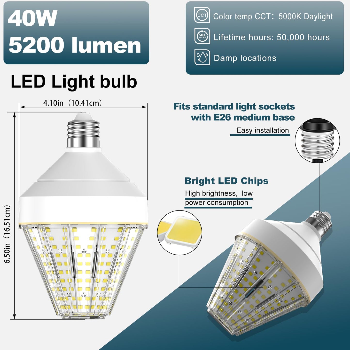 GT-Lite 5200 Lumen LED Corn Cob Light Bulb, 40-watt, 300-watt Equivalent, Daylight 5000K Light Color, E26 Base, Garage Light Bulb, Energy Saving LED