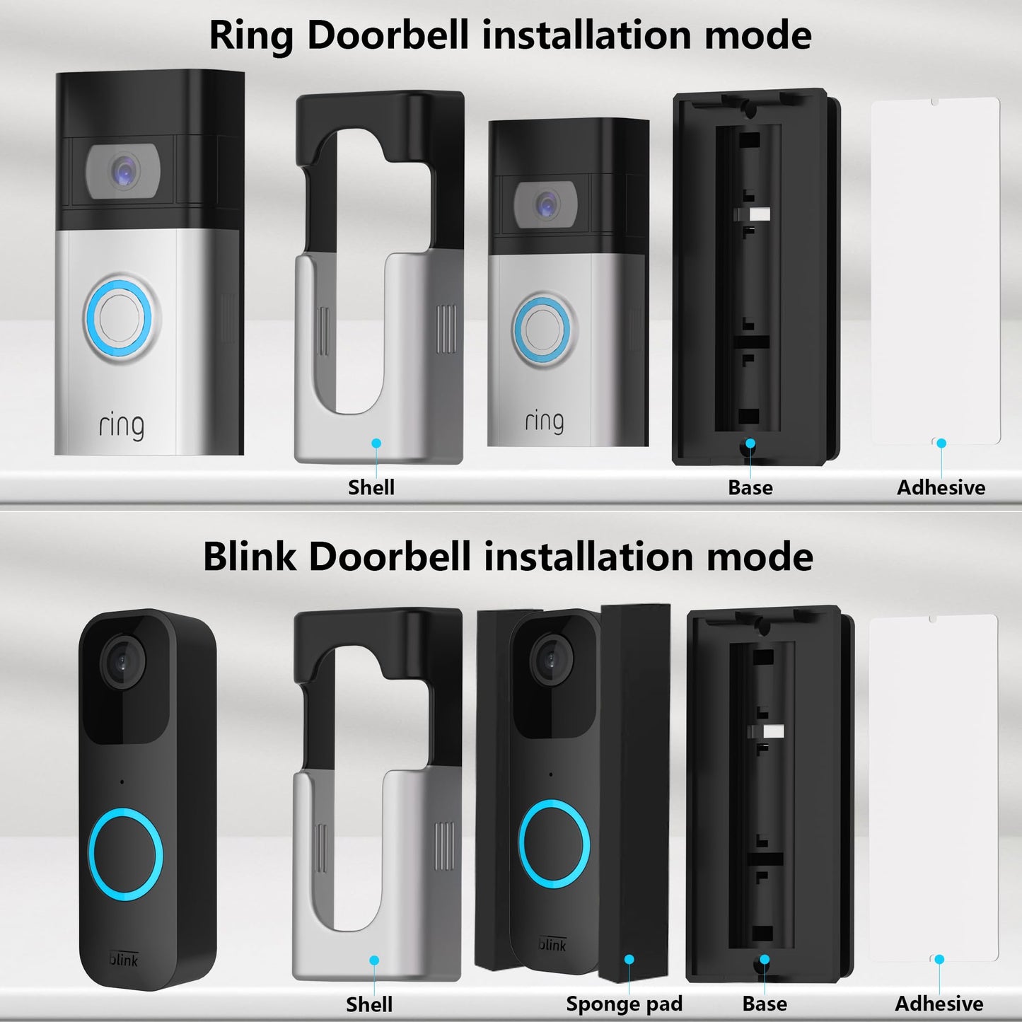 No Drill Adhesive Doorbell Mount for Ring/Blink, 45°-135° Adjustable Angle, Anti-Block Sensor, for Brick/Wood/Metal Doors, Easy Install & Battery