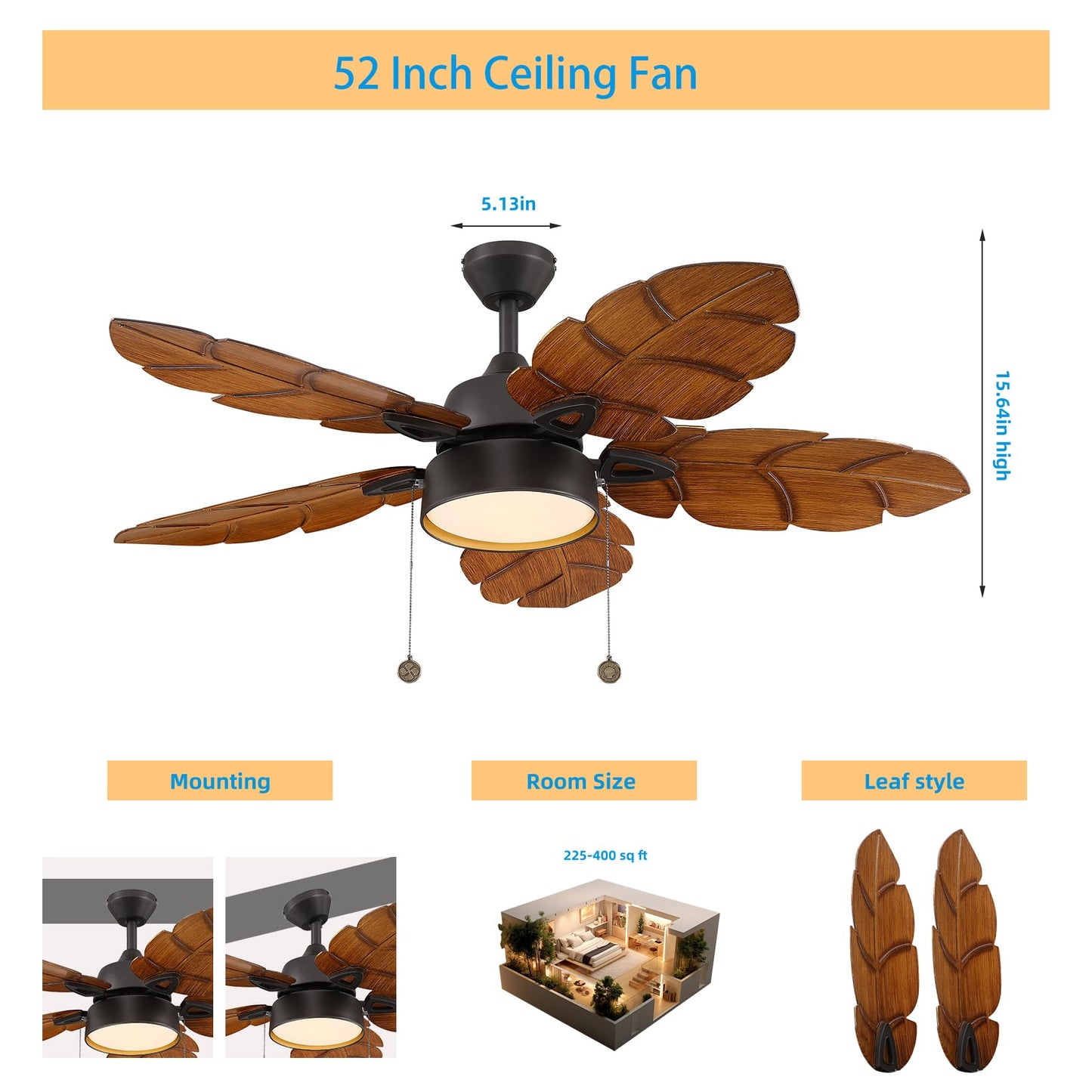 senroyal 52 Inch Tropical Ceiling Fan with Light, Pull Chain, Palm Leaf Indoor Outdoor Ceiling Fan with Light for Patio, Living Room, Reversible Fan