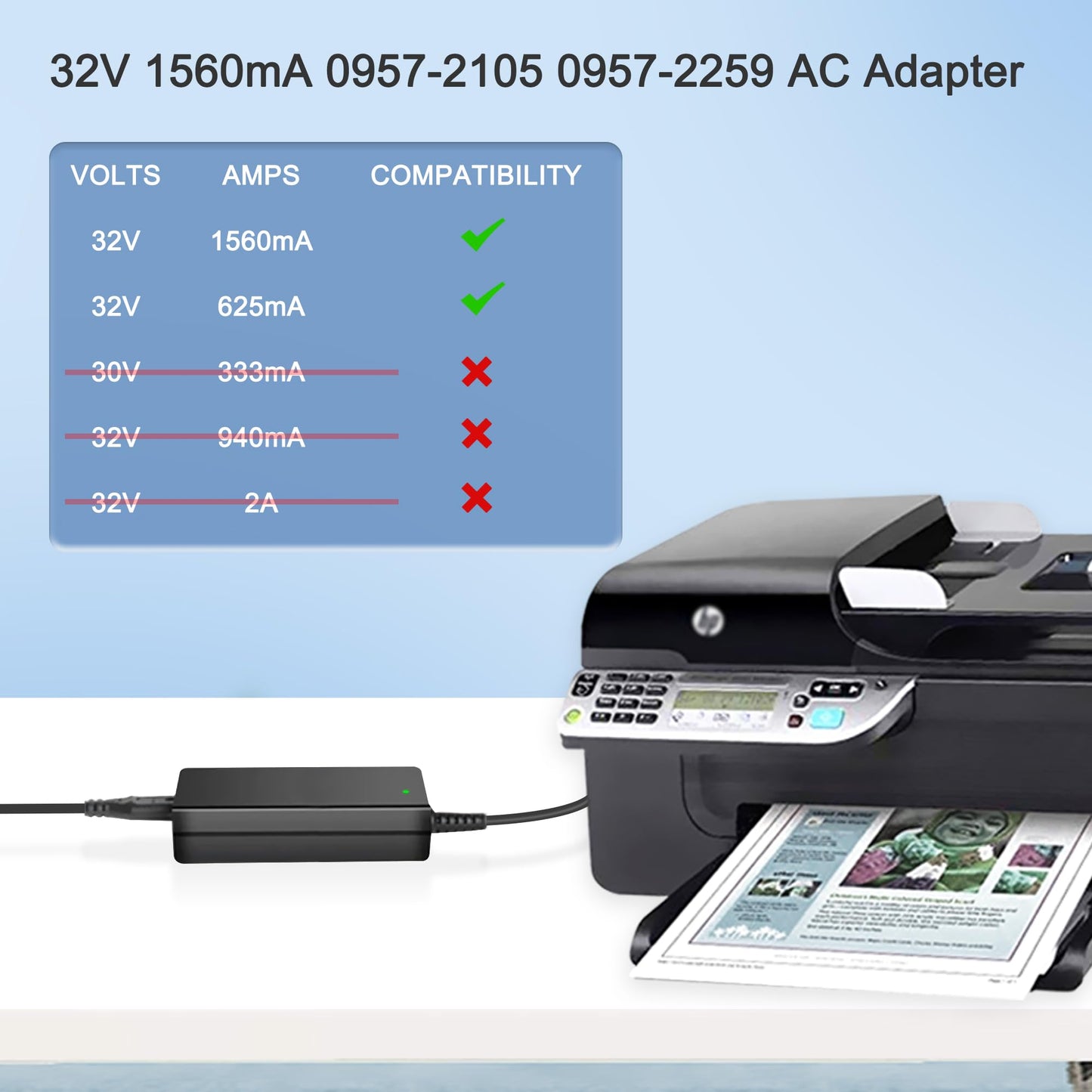 DONGNI 32V 1560mA 0957-2105 0957-2259 Printer Adapter Compatible with HP Officejet 4500 6500 6500A 7500 6000 2620 J4550 Photosmart B210 C7280 C5180…