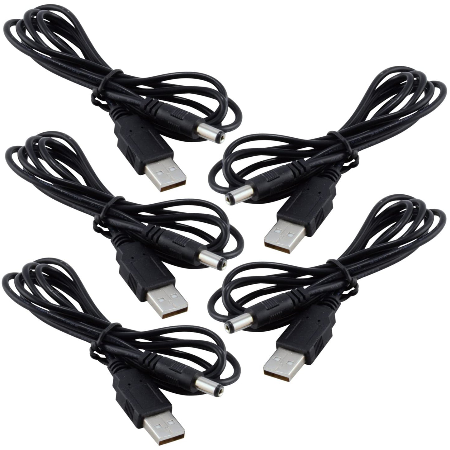 JacobsParts USB to 5.5mm x 2.1mm Barrel Connector 5V DC Power Cable Male, 120cm / 4ft (5-Pack)