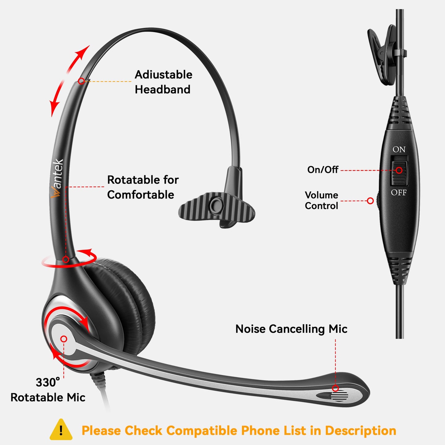 Wantek Corded Telephone Headset Mono w/Noise Canceling Mic + Quick Disconnect