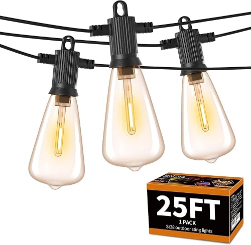 ZOTOYI Outdoor String Lights 25FT, Waterproof IP65 Patio Lights with 13 Shatterproof ST38 LED Bulbs, Outside Hanging Light Dimmable for Backyard