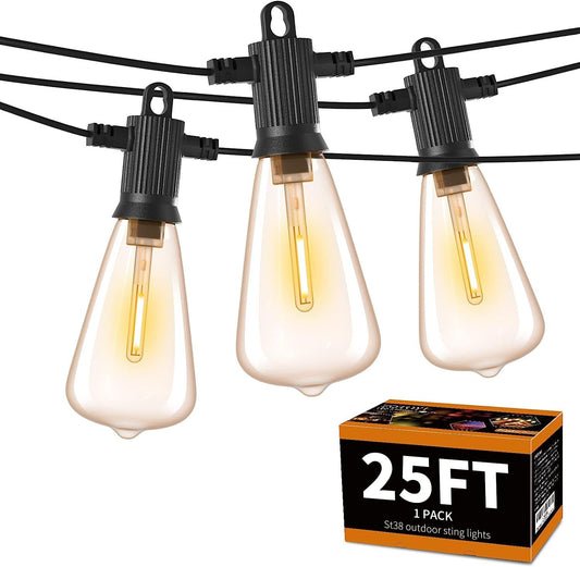 ZOTOYI Outdoor String Lights 25FT, Waterproof IP65 Patio Lights with 13 Shatterproof ST38 LED Bulbs, Outside Hanging Light Dimmable for Backyard