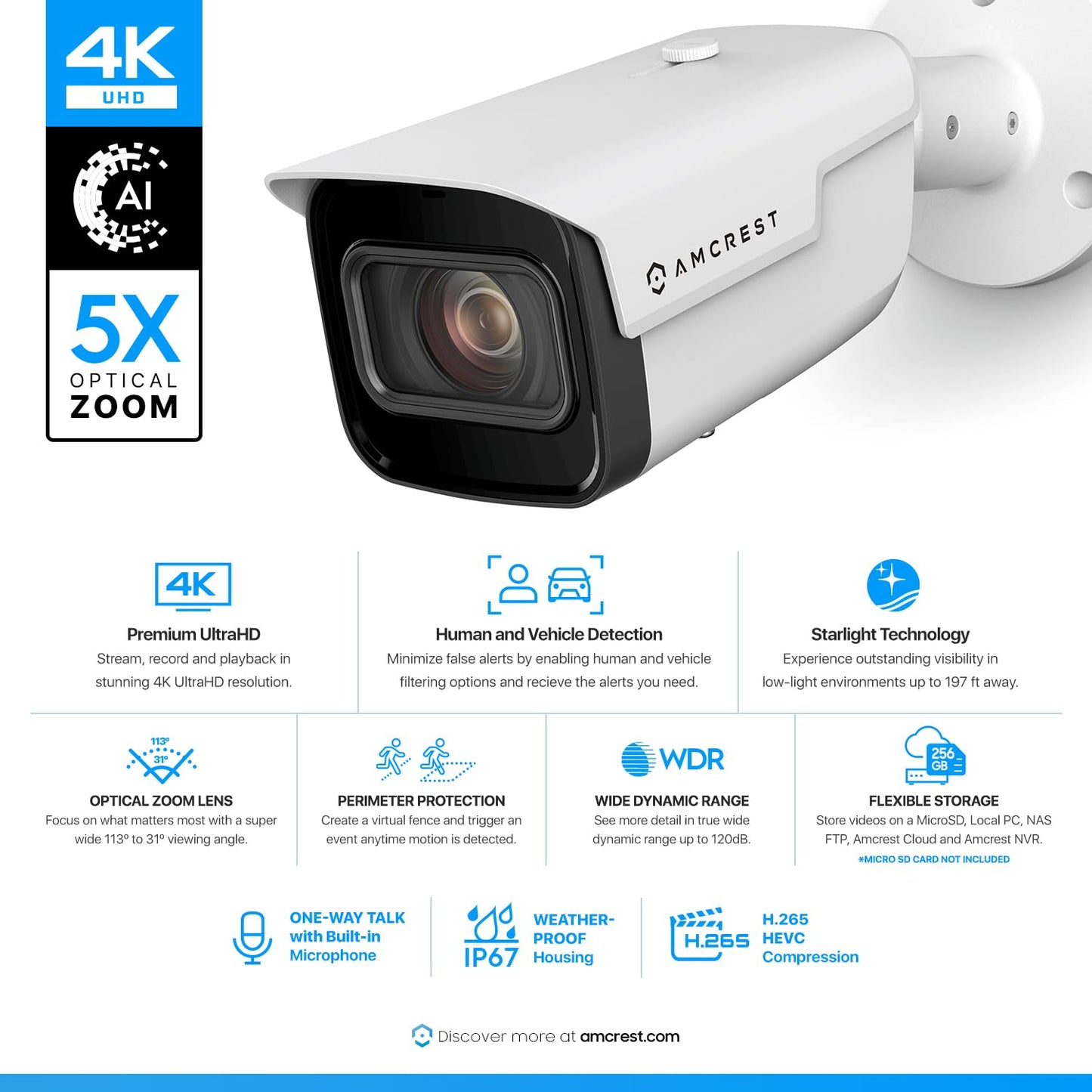 Amcrest 4K Optical Zoom AI IP PoE Camera, Varifocal Outdoor IP POE Camera Bullet, Human & Vehicle Detection, F1.5, 2.7mm~13.5mm Lens, IP67, 5X Optical