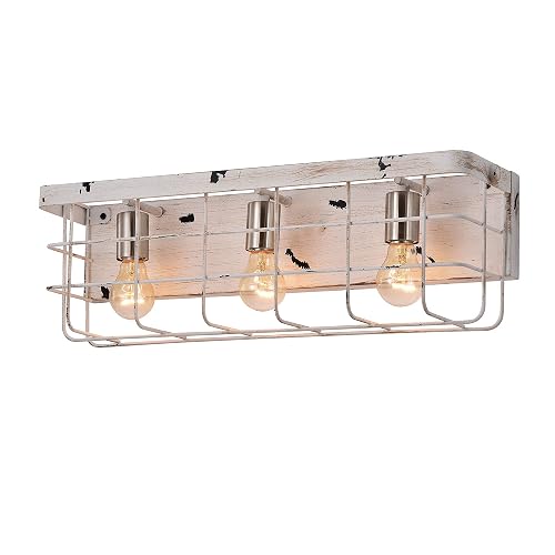 Edvivi 3-Light Caged Vanity Light, Antique White Wood Industrial Farmhouse Decor Lighting, Wall Lights Fixtures for Mirrors, Bedroom, Living Room