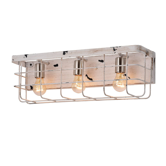Edvivi 3-Light Caged Vanity Light, Antique White Wood Industrial Farmhouse Decor Lighting, Wall Lights Fixtures for Mirrors, Bedroom, Living Room