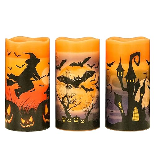 Eldnacele Halloween Flameless Flickering LED Candles with 6-Hour Timer, Battery Operated Wax Candles Assorted Decals Witch, Bats, Castle Set of 3