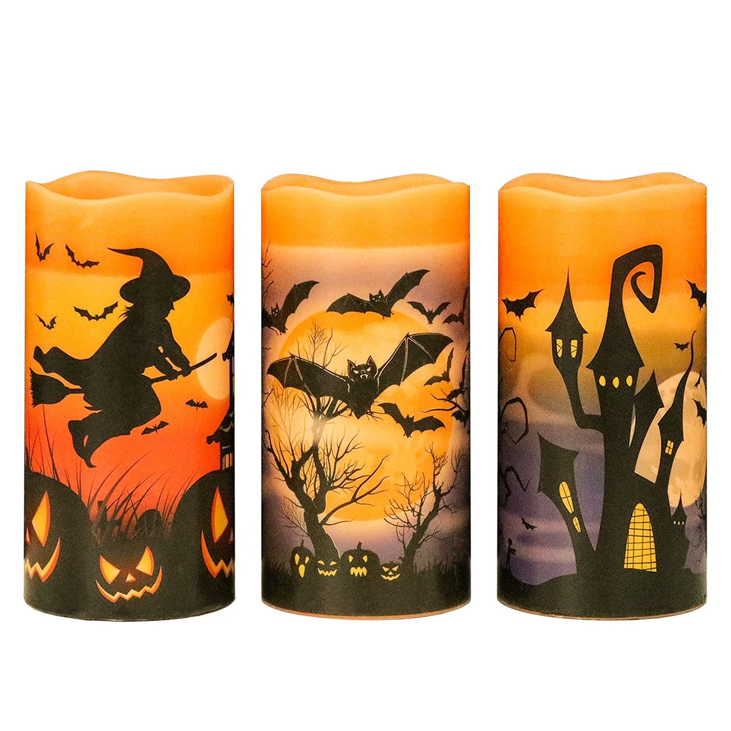 Eldnacele Halloween Flameless Flickering LED Candles with 6-Hour Timer, Battery Operated Wax Candles Assorted Decals Witch, Bats, Castle Set of 3