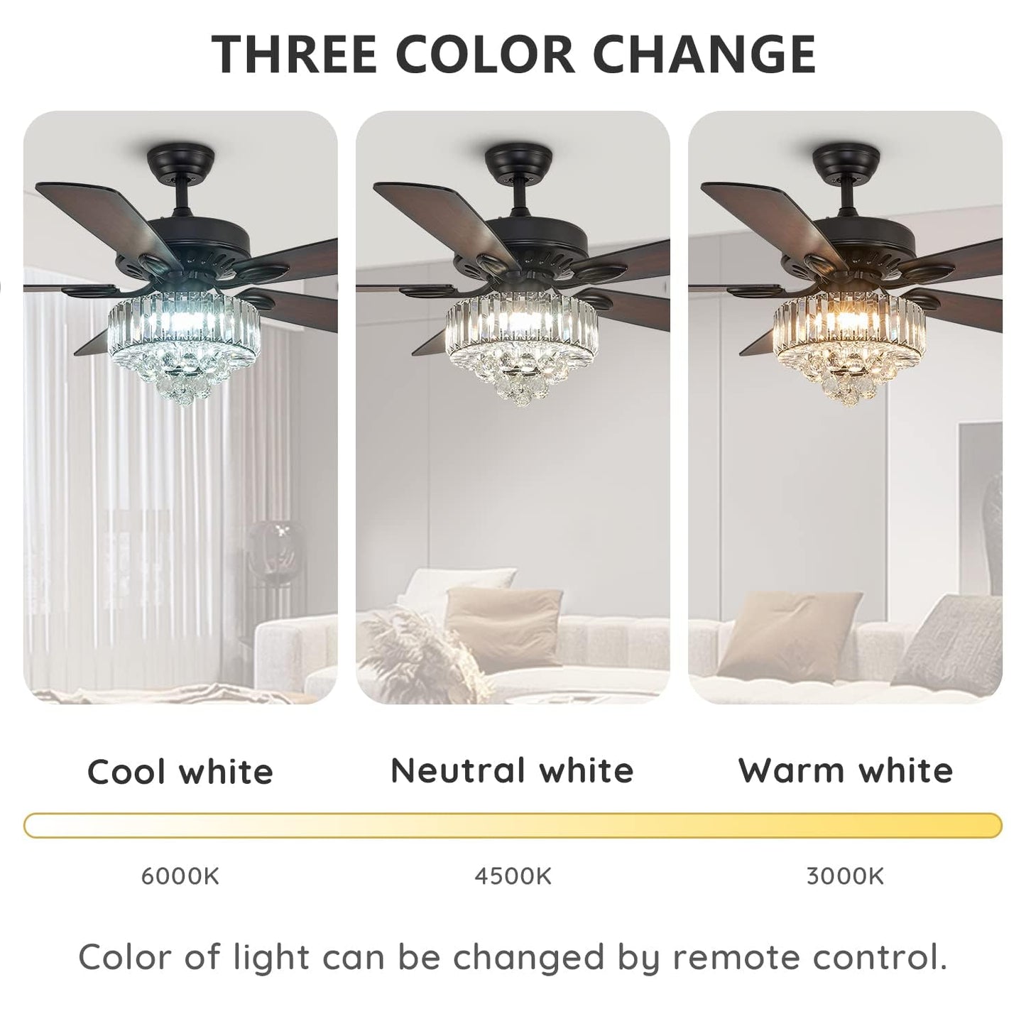 MOOONICHE 52 Inch Crystal Ceiling Fan with Lights and Remote Modern Black Chandelier Fan for Bedroom 5 Reversible Wood Blades Silent DC Motor