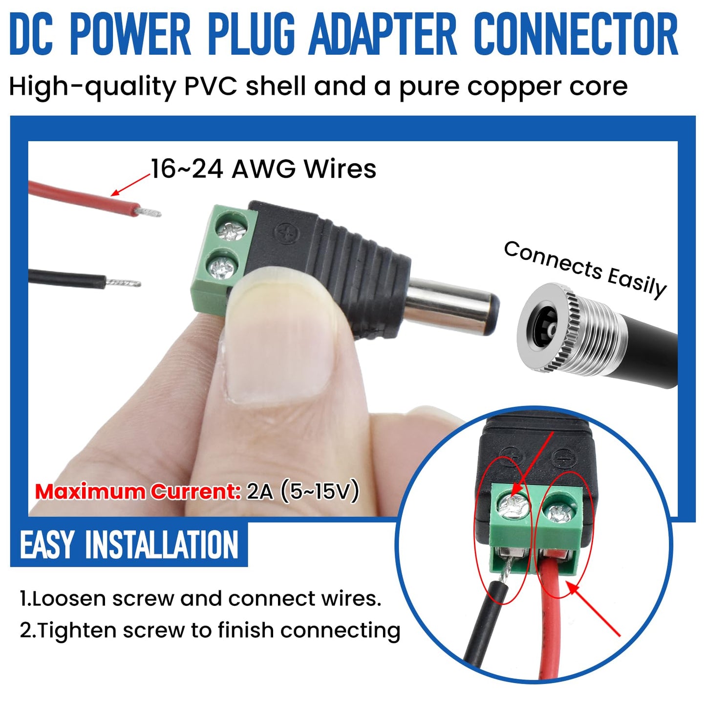MILYARD 6Sets 5.5x2.1MM Metal DC Power Female Jack with Waterproof Cap & Male Pigtail | Solder-Free Barrel Adapter | for CCTV, Audio Video & DIY