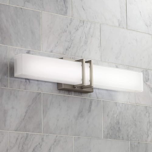 Possini Euro Design Exeter Modern Wall Mount Light LED Brushed Nickel Silver Metal 24" Wide Vanity Bar Fixture Rectangular Silk Screened Glass Shade