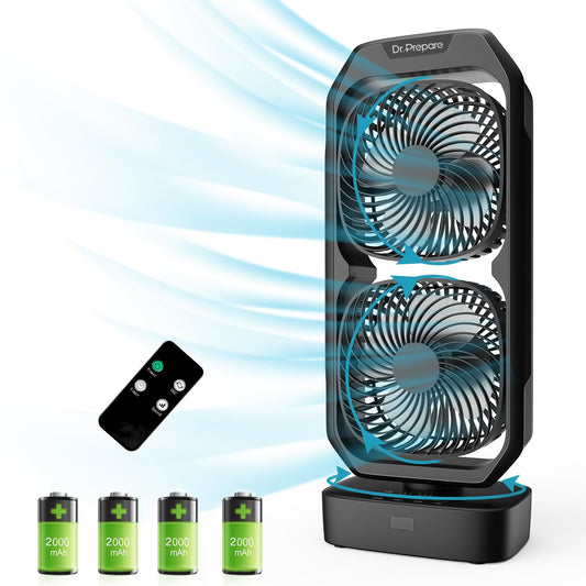 DR.PREPARE 120° Oscillating Quiet Tower Fan with Remote, Small Battery Powered Desk Fan for Bedroom, 250° Tilt, 3 Speeds, 8H Timer, Portable