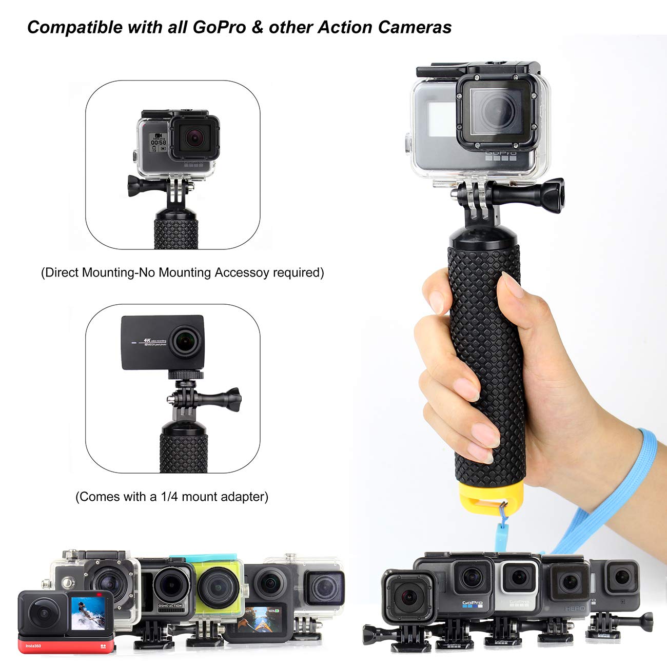 SOONSUN Waterproof Floating Hand Grip for GoPro Hero 13, 12, 11, 10, 9, 8, 7, 6, 5, 4, 3, 2, Session, Fusion, Max, AKASO, SJCAM, DJI Osmo Handler