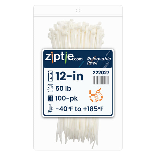ZipTie.com 12-Inch Natural Releasable Pawl Zip Ties - 50-lb Tensile Strength Cord Management - UL Listed Reusable Cable Ties - UL 21 Listed, UV