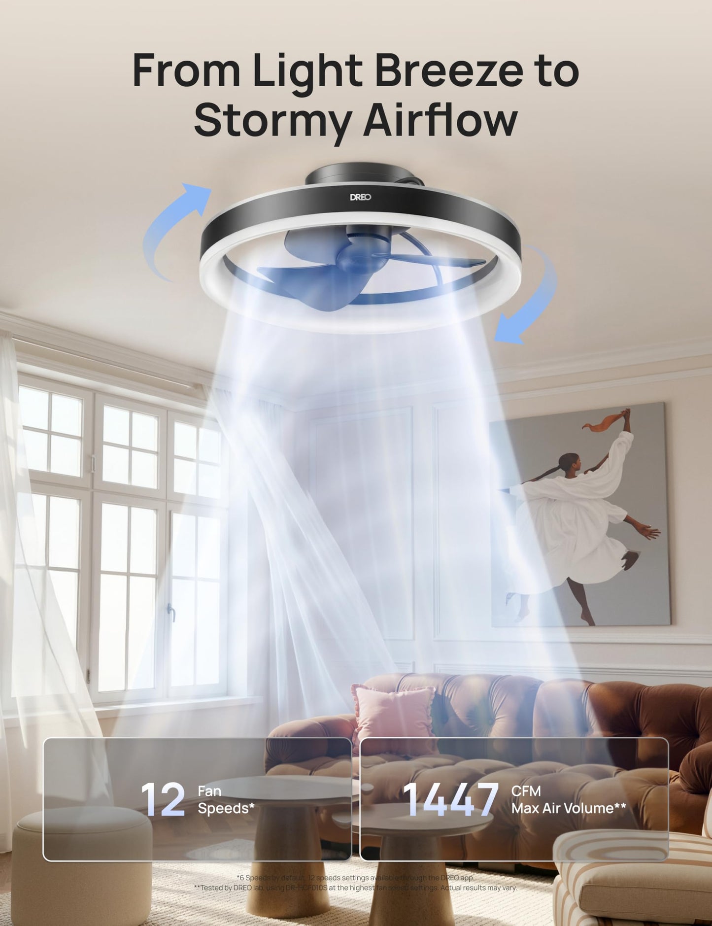 DREO Smart RGBIC Ceiling Fans with Lights, Low profile Ceiling Fan with Alexa/App, 20'' Dimmable Lighting & Color Tuning, 22dB Quiet for Bedroom, Game